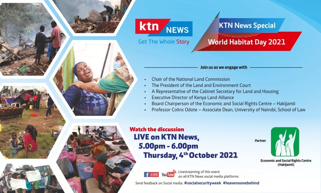 KTNNewsKE's tweet photo. To mark the World Habitat Day, we will host a live discussion from 5pm today. Join the conversation on all our social media platforms using #SocialSecurityWeek #LeaveNoOneBehind https://t.co/PLECtFd10w