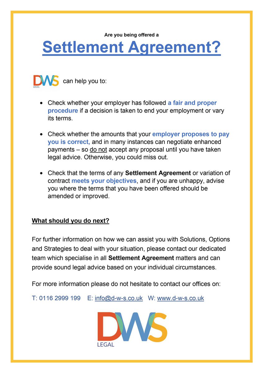 DWSolicitors's tweet photo. Are you being offered a #SettlementAgreement by your employer? If so, DWS Legal can help: https://t.co/n1XY0D10fs
