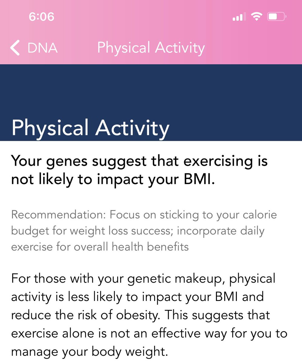 stundspeechless's tweet photo. My @loseit app took my DNA profile from @23andMe. In with customized macronutrients was this little hidden gem proving once and for all that I AM NOT crazy. I can workout like a madwoman, and it makes little to no difference in my weight loss. #trysomethingnew #sohard #igotthis https://t.co/KzhQzGtzqD
