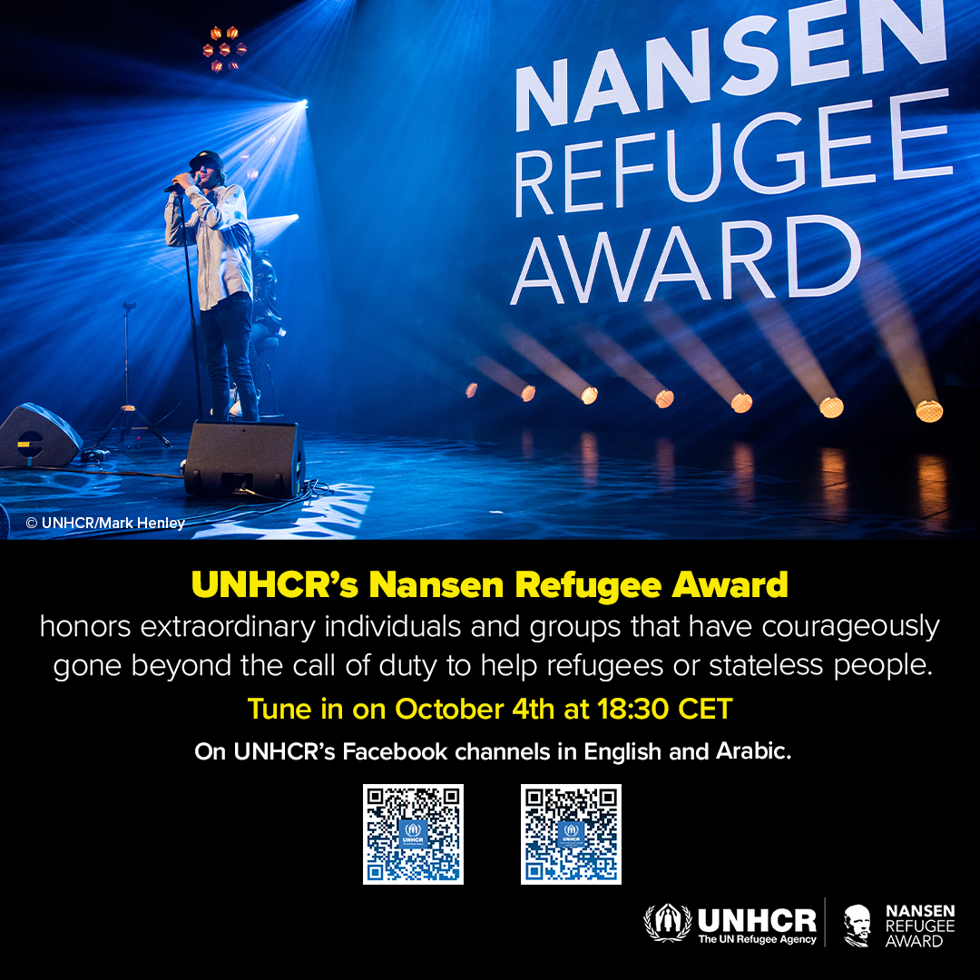 Refugees's tweet photo. Join us today for UNHCR's virtual #NansenAward ceremony to honour Laureate Jeel Albena Association for Humanitarian Development and all those helping the forcibly displaced.

With @RAYAofficial, Ugandan singer @mauricekirya, and Tajik-Russian musician &amp; former refugee Manizha https://t.co/q6mNKhvvAX