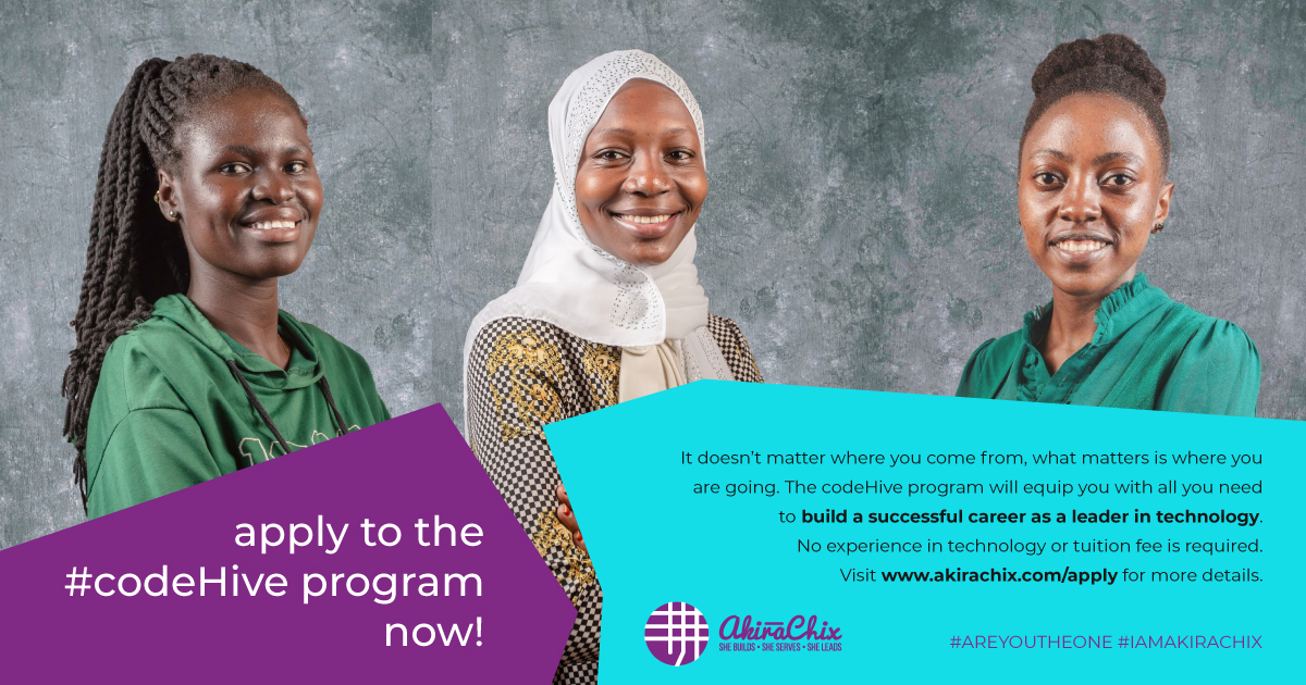 akirachix's tweet photo. It doesn’t matter where you come from, what matters is where you are going.🙏 The codeHive program will equip you with all you need to build a successful career as a leader in technology in East Africa. No experience in technology or tuition fee is required.
#AREYOUTHEONE https://t.co/8FplHigHXF