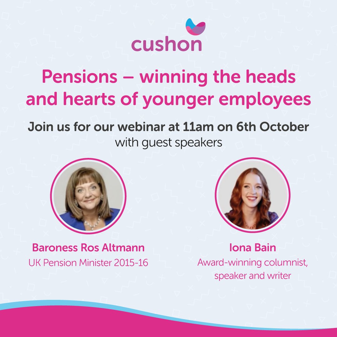 WeAreCushon's tweet photo. Only 2 days to go until Cushon’s webinar!

Join Baroness Ros Altmann and Iona Bain for an insightful discussion about our latest research and what employers need to be doing to make #pensions more interesting to younger employees.

Register here: https://t.co/9fs5IcaXiZ https://t.co/3LgFE3ayBo