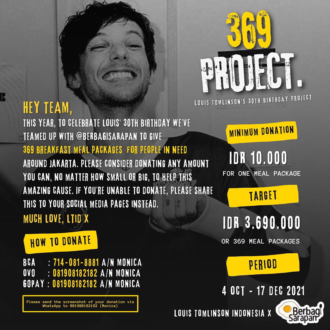 louist_id's tweet photo. 369 PROJECT LOUIS' 30TH BIRTHDAY PROJECT! ๐
In honour of @Louis_Tomlinson 's 30th birthday on 24 December 2021, weโve teamed up with @berbagisarapanofficial to raise funds and give 369 breakfast meals for people in need around Jakarta ๐ณ๐ฅ https://t.co/dLjGDp5LE8