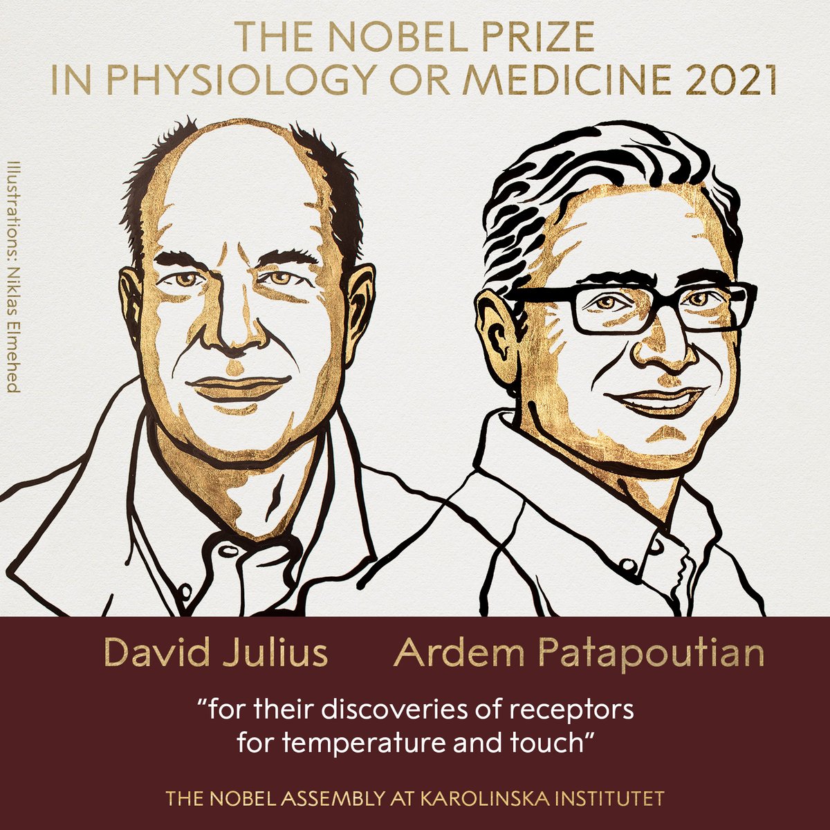DeepakNModi's tweet photo. David Julius and Ardem Patapoutian get the 2021 Nobel prize in physiology and medicine forntueir seminal discovery of the receptors for thermo sensation and mechanosensation https://t.co/e4tk9fy8fV