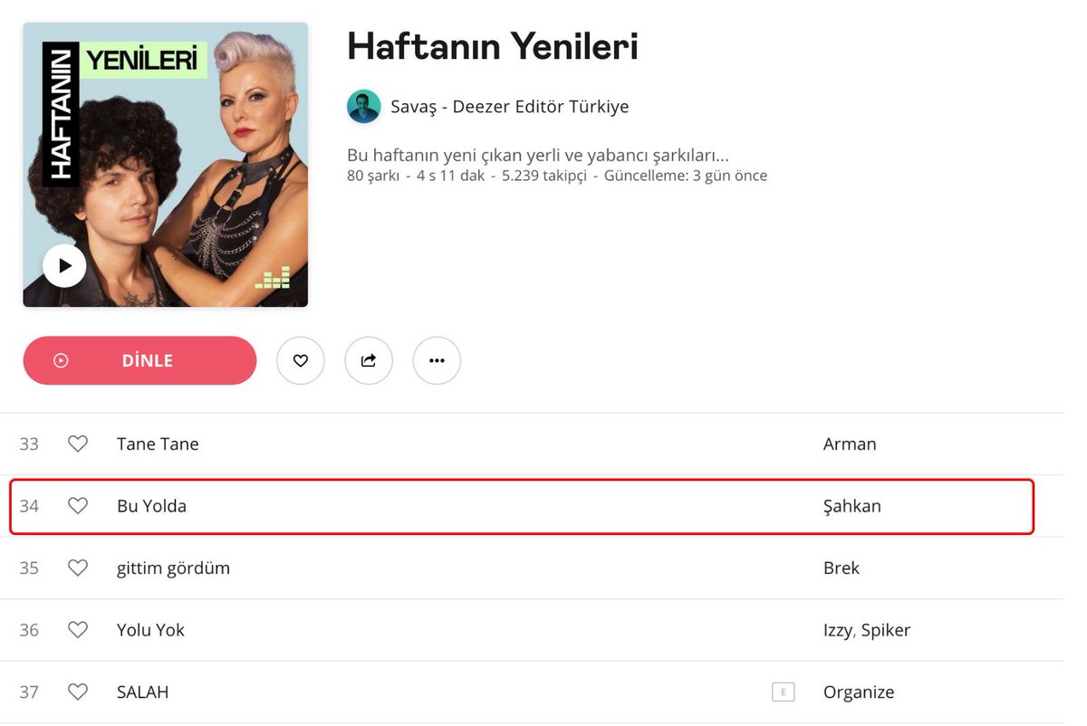 “Bu Yolda” Deezer Haftanın Yenileri Listesinde! 
deezer.page.link/de4YMCJpWG3cT1…
<a href="/Deezer/">Deezer</a> @DeezerTurkiye <a href="/Erenhakan/">Hakan Eren</a> <a href="/Ossimuzik/">Ossi Müzik</a> <a href="/gamzekb/">Gamze Karaman Bostan</a> <a href="/AliBostann/">Ali Bostan</a> <a href="/maksimum_medya/">Maksimum Medya</a> <a href="/gkhnzdmr/">Gökhan Özdemir</a> <a href="/SadunErsonmez/">Sadun Ersönmez</a> <a href="/arzualsan/">Arzu Alsan</a> #Şahkan  #BuYolda