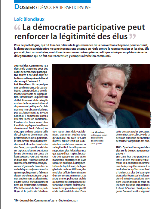 La démocratie participative comme remède à la désaffection des urnes et à la délégitimation du système politique ? Dans <a href="/journalcommunes/">Journal des Communes</a> de septembre 2021 @LoicBlondiaux <a href="/tpedeloup/">Thierry PEDELOUP</a> <a href="/antoinebzard/">Antoine Bézard</a>