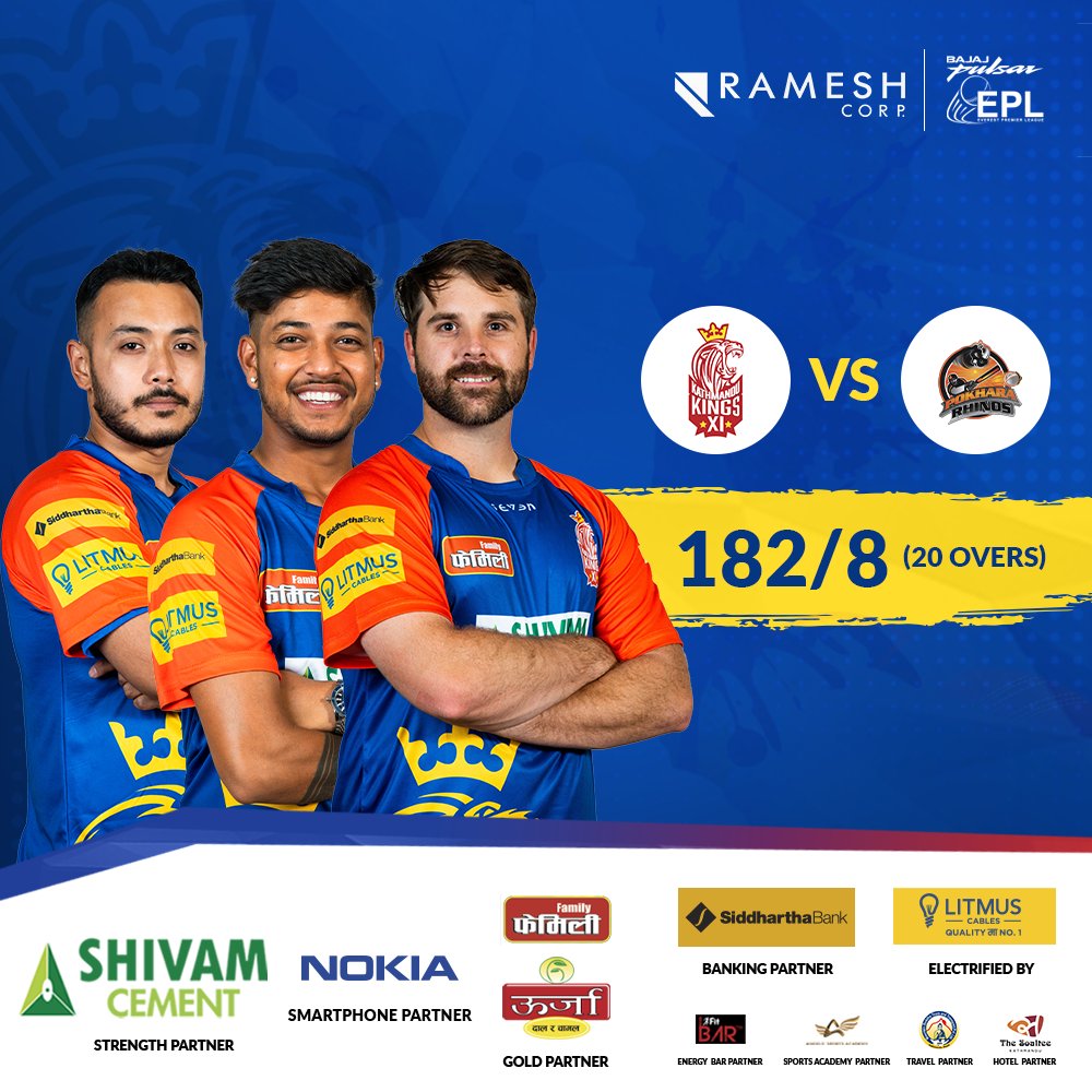 Well Played Lions!!! As, KKXI has posted a score of 182/8 at the end of 20 overs versus the Pokhara Rhinos, thanks to a prolific performance from our batters... 
#Kathmandukingsxi #kathmandukings #kkxi #cricket #wallawalla #nepalicricket #nepal #eplt20 #kingsvsrhinos