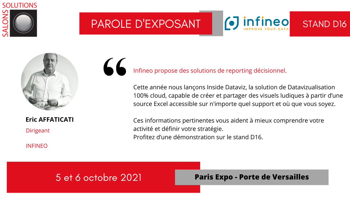 SalonsSolutions's tweet photo. @infineo est présent sur les @SalonsSolutions !

Retrouvez Eric AFFATICATI, Dirigeant d'Infineo

https://t.co/Hre54F8lFk https://t.co/TQhiQ56UoE