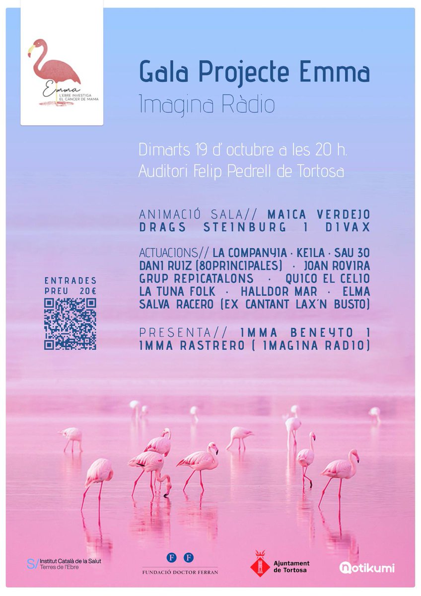 📅 19 d'octubre
🕗 A les 20h
📍 Auditori Felip Pedrell de Tortosa
🎟 20 €

Volem agrair a Carol Rovira per la seva col·laboració!

#TotesSomEmma #JosócProjecteEmma #càncerdemama #TerresdelEbre
