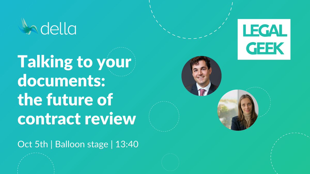 Tomorrow at @wearelegalgeek - Della's CEO @cfrerebeau and Margo Trebicka will be discussing how conversational #AI is improving the #contractreview process.

If you are attending, make sure to come and check us out!👇

#artificialintelligence #legalgeek #legaltech