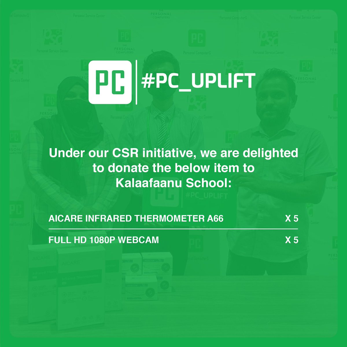 pcMaldives's tweet photo. Our CSR initiative; #PC_Uplift, is about helping others to grow and succeed! Today we donated 5 infrared thermometers and 5 full HD 1080p webcams to Kalaafaanu School!
#PC_Uplift #csr #maldives #personalcomputersmv #pcmv #kalaafaanuschool https://t.co/iOvBinNOOt