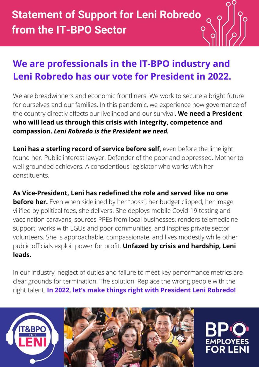 AngatBuhayBPO's tweet photo. Statement of support for @lenirobredo from the IT BPO sector. 

"Unfazed by crisis and hardship, Leni leads." #DapatSiLeni #LabanLeni2022 #LetLeniLead https://t.co/dAmwW66LTA