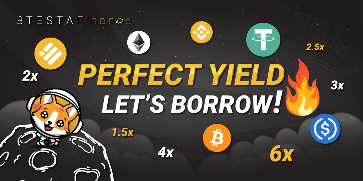 Good time to borrow &amp; farm everybody⚡️

Choose your desired farming pool one and earn more BTESTA rewards after that. The leverage we have is up to 6x!

Minimum debt you can start borrowing👇
🔺0.2 #BNB
🔺100 #BUSD
🔺100 #USDT
🔺0.003 #BTCB
🔺0.04 #ETH
🔺100 #USDC

#BSCGemsAlert