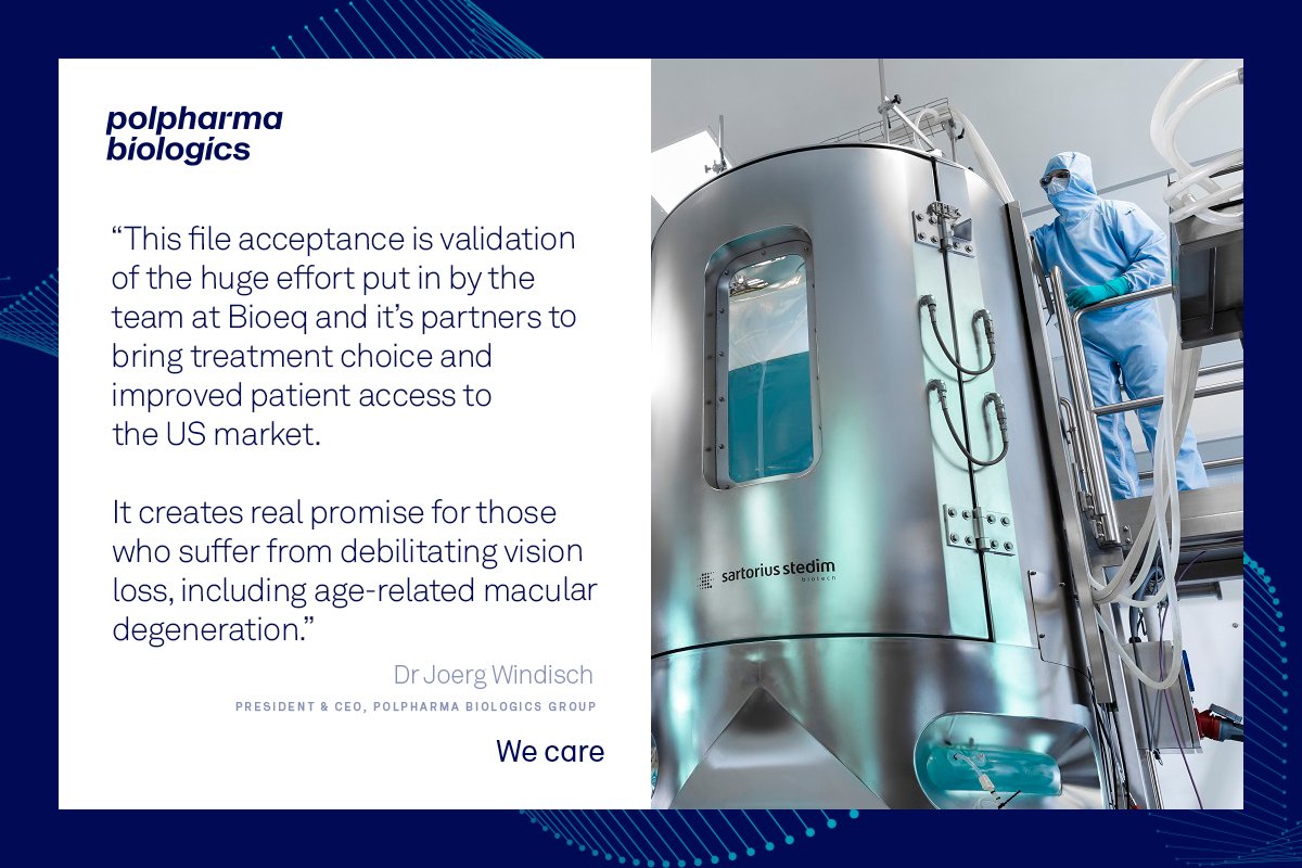 Polpharma Biologics Group announces that the Biologics License Application (BLA) submitted by its joint venture Bioeq for its biosimilar Ranibizumab has been accepted for review by the U.S. Food and Drug Administration (FDA)

polpharmabiologics.com/en/knowledge/l…

#wecare #fda  #biosimilars