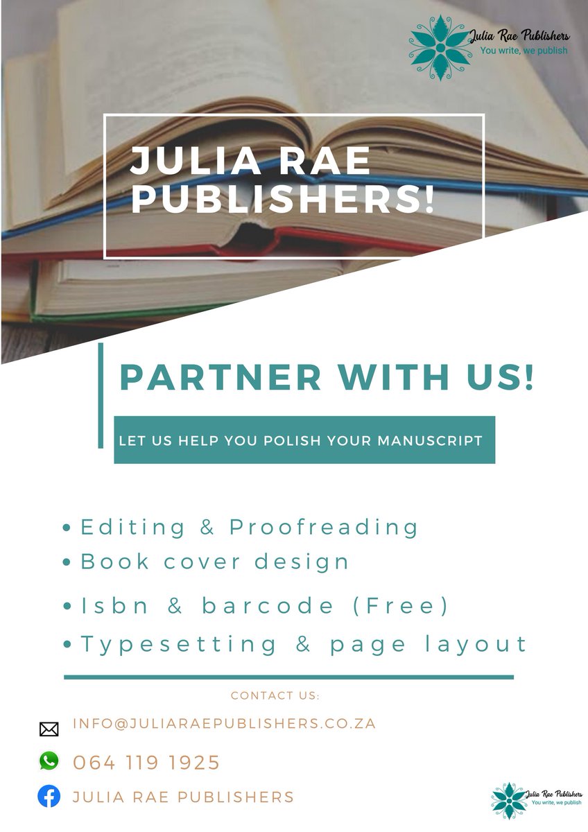 JR_Publishers's tweet photo. You have a brilliant story that you have written &amp; you wish to see yourself publishing your own book claiming a seat as one of SA's self published authors.

Let us assist you to turn your manauscript into a polished book at very affordable costs!

Contact us! 😁 https://t.co/8m9J275kqF