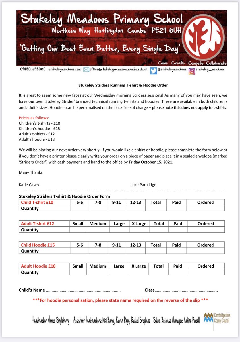 StukeleyStrider's tweet image. 🏃🏼‍♀️🏃‍♂️Striders Order🏃🏃‍♂️ As we have lots of new faces to Striders we are putting in a tee and hoodie order. Please collect a form from the office. Deadline is Friday 15th October 2021. Thanks. @stukeleymeadows