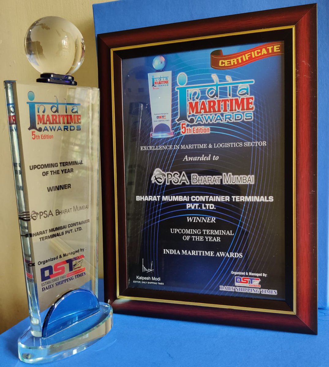 PSAIndia1's tweet photo. Honoured and humbled to be recognized by our stakeholders and trade as the Upcoming Terminal of the Year at the Indian Maritime Awards . Grateful for all the support ! #thebmctfactor @JNPort @shipmin_india https://t.co/fsEhFG2Lgs