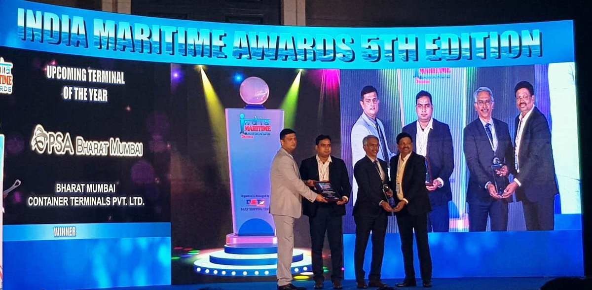 PSAIndia1's tweet photo. Honoured and humbled to be recognized by our stakeholders and trade as the Upcoming Terminal of the Year at the Indian Maritime Awards . Grateful for all the support ! #thebmctfactor @JNPort @shipmin_india https://t.co/fsEhFG2Lgs