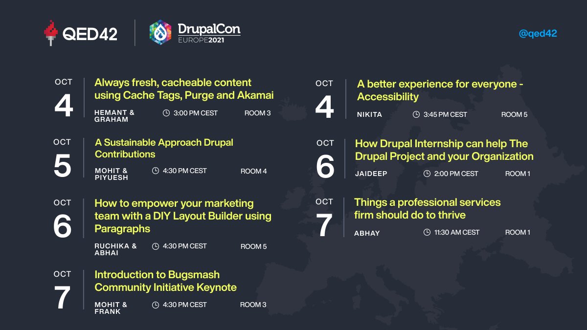 We. have. 7. sessions. at. DrupalConEurope 2021. Mic drop.

<a href="/DrupalConEur/">DrupalCon Rotterdam 2026</a>  #DrupalConEur 
<a href="/piyuesh23/">Piyuesh kumar</a> <a href="/forhemant/">hemant gupta</a> <a href="/mohit_rocks/">Mohit Aghera</a> <a href="/RuchikaMohite/">Ruchika</a> <a href="/IamNikitaAswani/">Nikita Aswani</a> <a href="/AbhayKumar1415/">Abhay Kumar</a> <a href="/JayKandari/">जयदीप सिंह कण्डारी</a>
 
We are also hiring. careers@qed42.com