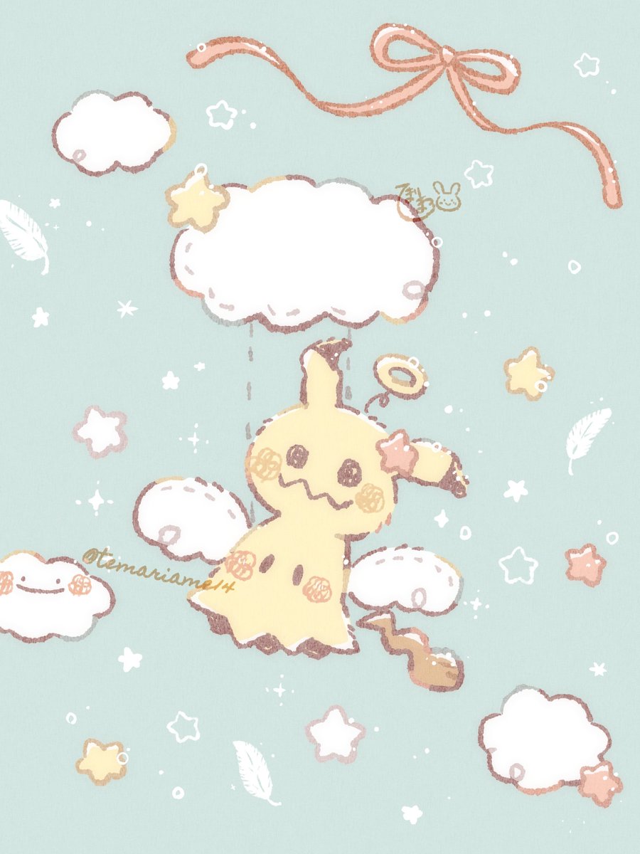 mimikyu no humans pokemon (creature) star (symbol) cloud ribbon red ribbon feathers  illustration images