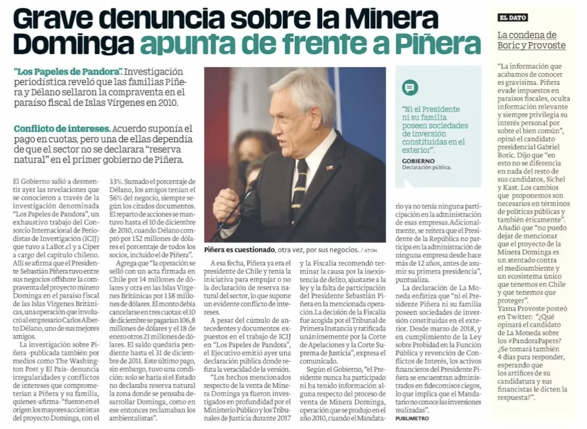 Como es costumbre, único diario impreso que se descuelga de la narrativa del gobierno es Publimetro, que lleva caso #PandoraPapers en su título de portada y relega respuesta de La Moneda a segundo plano.