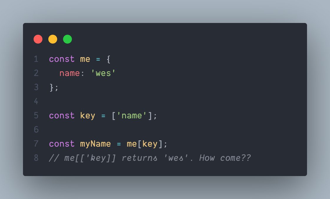 nikosolihin's tweet photo. @syntaxfm @wesbos @stolinski Accessing the property of an object via a single value string array totally works. Care to explain? https://t.co/eRgg2Xnlyg
