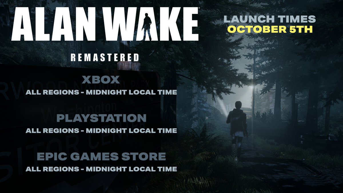 alanwake's tweet photo. Alan Wake Remastered releases October 5th at midnight local time, in all regions, across all platforms. #AlanWake https://t.co/l0SedU1eLE