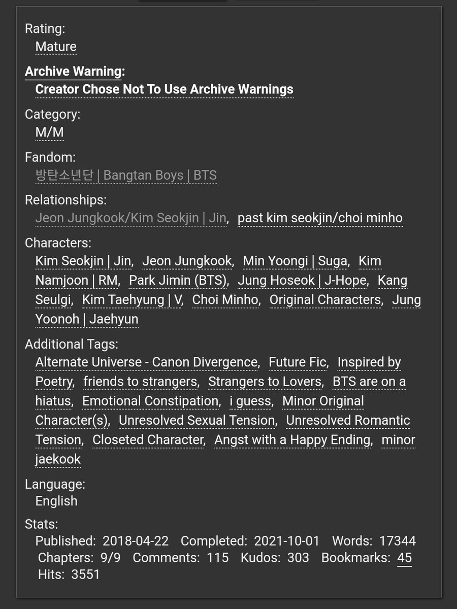 Fic: If we ever stop talking ( send me a song)
Pairing: jinkook
Tag: angst
Author: shadesofzayn on ao3

Ya all up for a sad, crying fic with happy ending? This jinkoo is for you😭
archiveofourown.org/works/14390775

#jinkook #kookjin #fanfic #btsfanfic #fanficrec #ao3rec #ao3