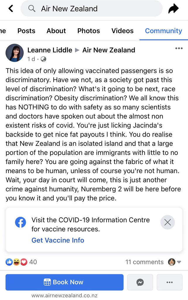 Elly_Strang's tweet photo. Over on @FlyAirNZ’s Facebook page the response to their no vax, no fly policy is Nazi references and claims it is an “act of terror”. It would be funny if it wasn’t so sad and alarming. How did we get here as a human race, genuinely? https://t.co/20lF9FNVUa
