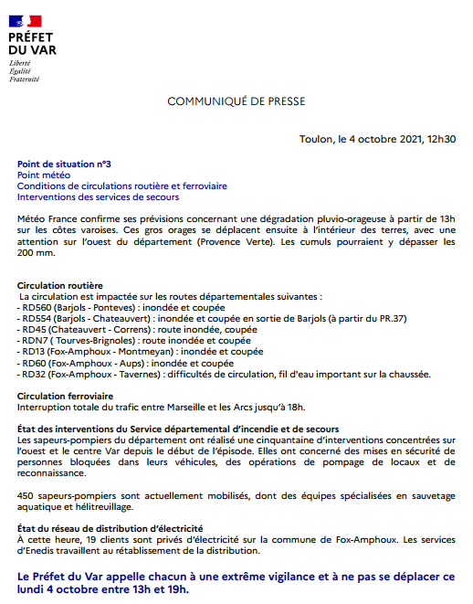 Prefet83's tweet photo. #METEO83 | Ce lundi 4 octobre à 12h30, point de situation :
✅Point météo
✅Conditions de circulation
✅Interventions des secours
⚠️Le préfet du #Var demande à chacun de ne pas se déplacer entre 13h et 19h.
Le communiqué de la préfecture⤵️ https://t.co/BW9f304Rly