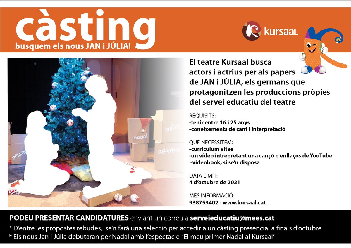 Kursaalmanresa's tweet photo. 📣 🗓️Recordeu que avui acaba el termini per enviar les vostres candidatures per optar als nous Jan i Júlia, els personatges que protagonitzen les produccions del Servei Educatiu del #KursaalManresa!

👉 Us esperem! serveieducatiu@mees.cat

#castingjanijulia #serveieducatiukursaal https://t.co/k2Dm6Lv3mZ