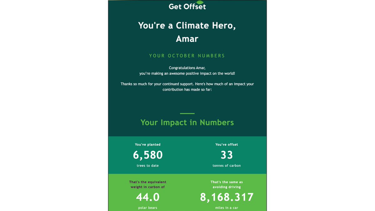 Other than ZenMaid's ProfitWell emails, this email from @Get_Offset is definitely my favorite of the month 😍

Help plant trees of your own and offset your carbon footprint at getoffset.io