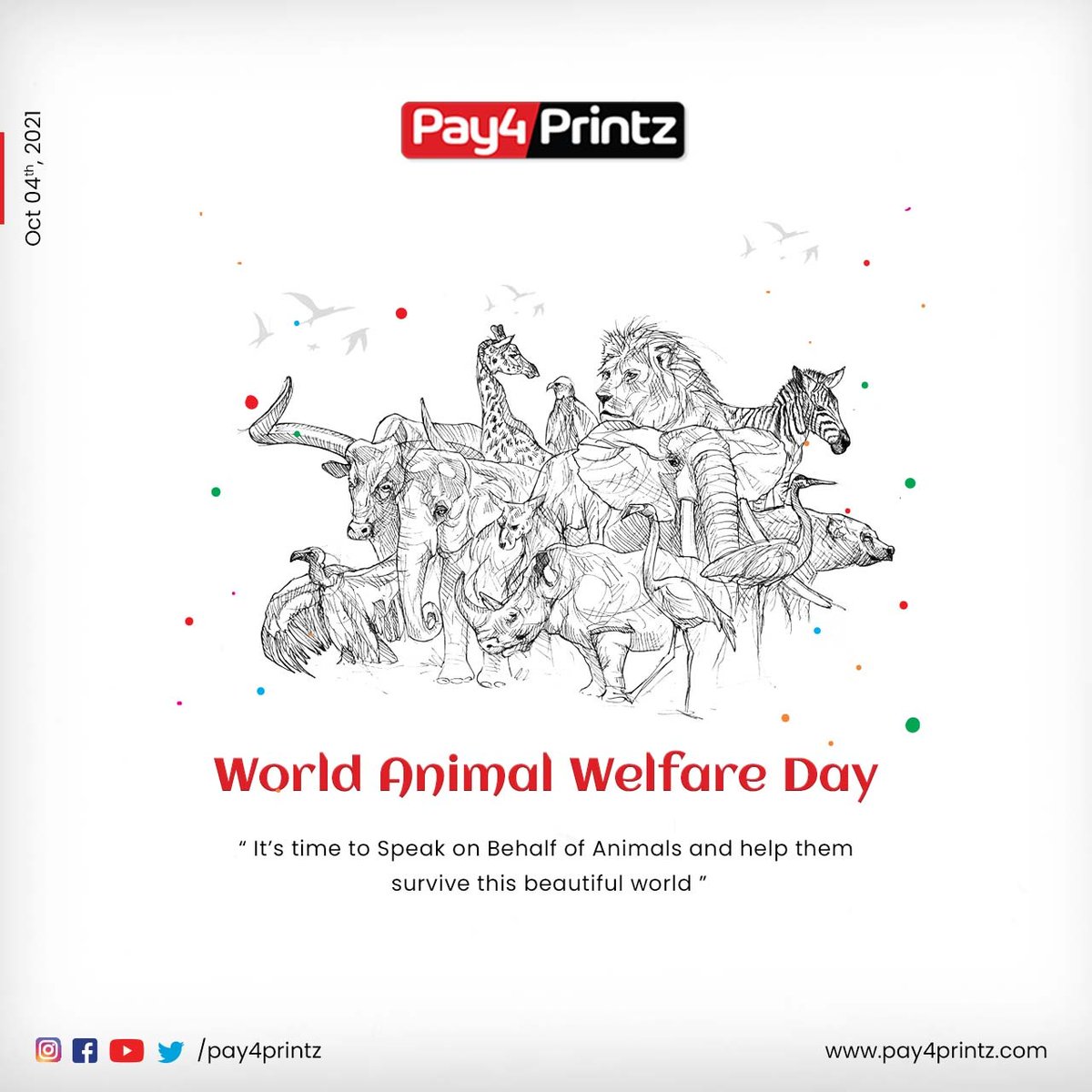 Pay4Printz's tweet photo. The day focuses on creating awareness about the effects of individuals, businesses and other human behaviours on animals. #pay4printz #WorldAnimalWelfareDay #animalwelfareday #animalwelfare #animalwelfareandrights https://t.co/DlIfLj9Mh4
