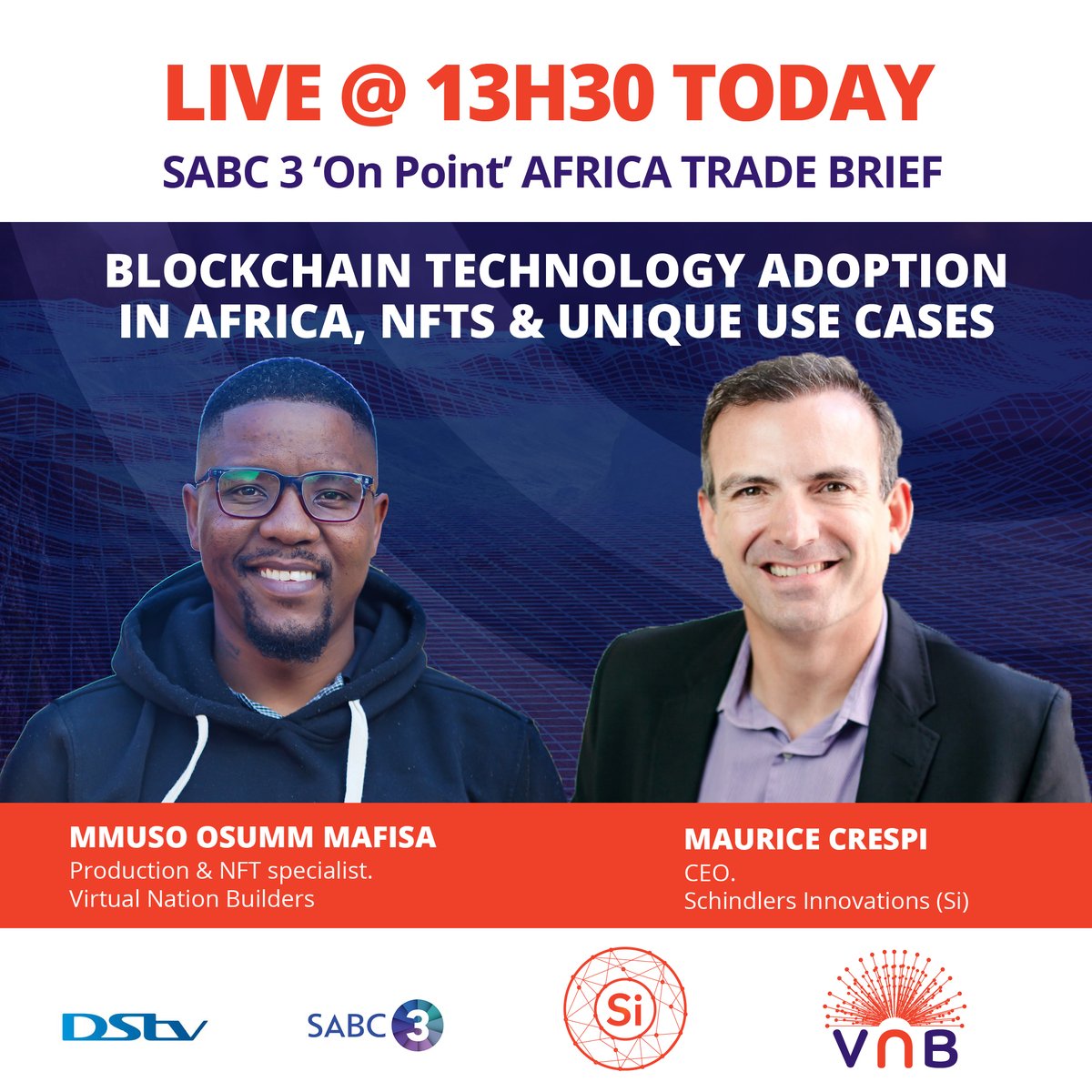 LIVE @ 13h30 today! Maurice Crespi, CEO Schindlers Innovations &amp; Mmuso Osumm Mafisa, Production &amp; NFTs Virtual Nation Builders on SABC 3 ‘On Point' Blockchain Technology adoption in Africa, NFTs and unique use cases. #virtualnationbuilders #schindlersinnovations #NFTs #DSTV