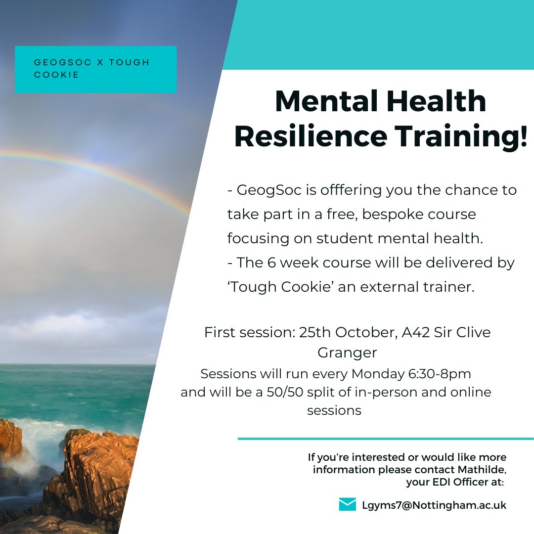 NottsGeogSoc's tweet photo. GeogSoc presents... ⁣⁣⁣
Mental Health Resilience Training!⁣⁣⁣
First semester can be difficult for everyone, especially as Winter draws in. But, GeogSoc and Tough Cookie want to equip you with the necessary skills to better your mental health and build resilience.🤲⁣⁣⁣ https://t.co/8UG4ddt93a