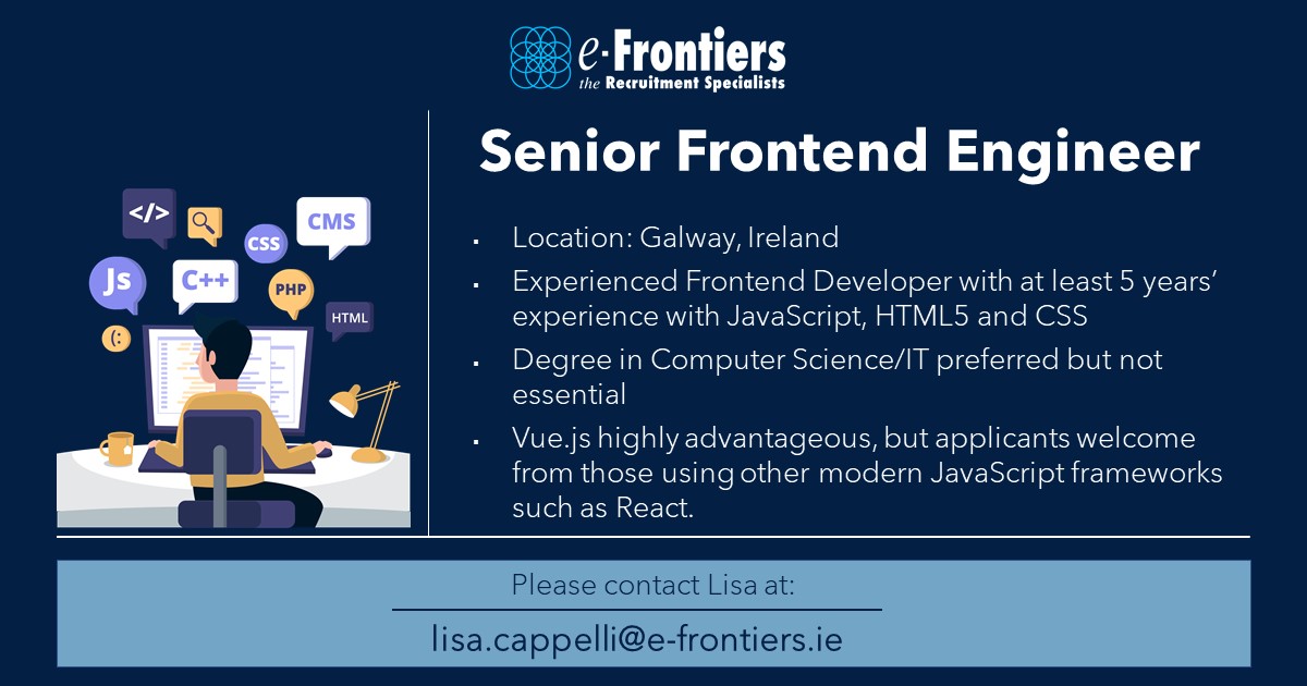 e_frontiers's tweet image. A software security company, based in Galway is looking for a Senior Frontend Engineer with VueJS.

Please forward your CV to Lisa via lisa.cappelli@e-frontiers.ie to discuss further.

#seniorfrontenddeveloper #frontenddevelopers #vuejsdeveloper #techjobs #ITroles