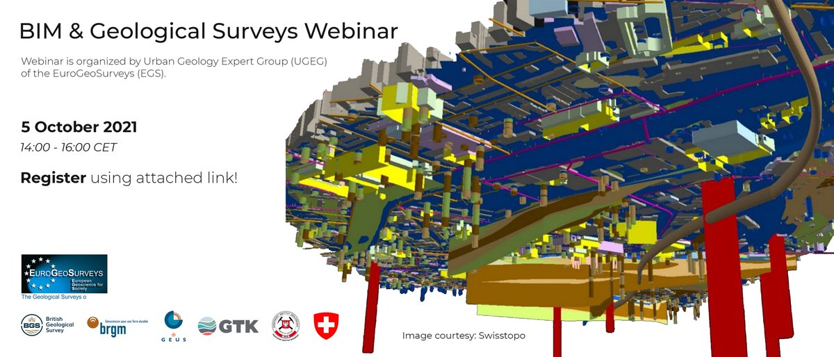 📌📅Save the date! 
#EGSUrbanGeology webinar will give an overview of how National Geological Surveys are addressing #BIM through case studies and their planning for the future

➕5th OCT 2021 14-16 CET
➕Click to register👉bit.ly/3Cyp1cp💻

#BIM #urban #geology