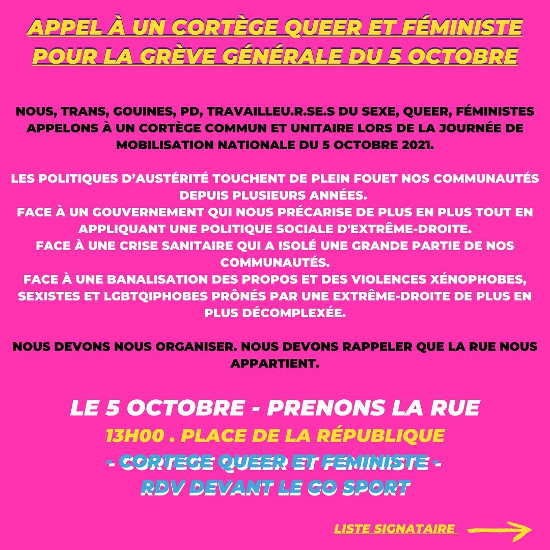 xymediafr's tweet photo. Le collectif Paris Queer Antifa @pqa_collectif appelle avec @front_transfem, @STRASS_Syndicat et d'autres à un cortège queer et féministe dans la grève générale du 5 octobre : 

"Les politiques d'austérité touchent nos communautés depuis des années. Nous devons nous organiser". https://t.co/3N0MwYyqF7