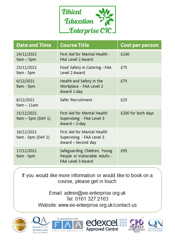 ethicaled's tweet image. ✨✨New course dates ✨✨
We have some new dates for courses that we have places available for, including our new course starting in November - First Aid for Mental Health. Contact details are on the pictures below if you would like to get in touch or book a place.