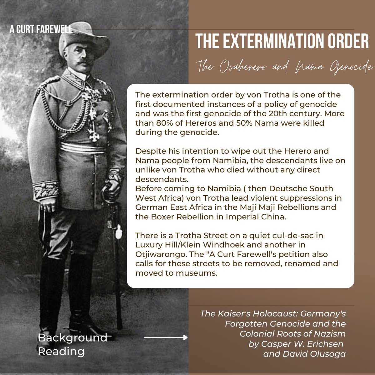 CurtFarewell's tweet photo. 2 October marked the 117th anniversary of Lothar von Trotha's infamous Extermination Order that sparked the beginning of the Ovaherero &amp; Nama Genocide. On April 22, 1905, he read an order to the Nama, saying that they would face the same fate as the Herero. #namahererogenocide https://t.co/GCPlOGwk5u