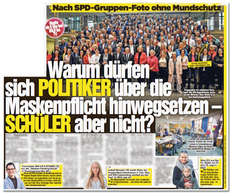 Zum SPD-Fraktionsfoto, auf dem kaum jemand eine Maske trägt, befragte <a href="/BILD/">BILD</a> auch eine Schülerin und zwei Schüler, die das Verhalten der SPD alle ziemlich daneben finden. Was "Bild" bei zweien mit keinem Wort erwähnt: Sie sind Mitglieder der Jungen Union: bildblog.de/131687/aber-ha…