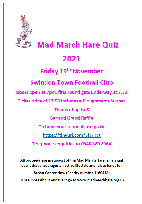MadMarchHareSWN's tweet photo. Registration for the Mad March Hare Quiz on Friday 19th November 2021 is now open.  It will be great to see people in person once again. 
 https://t.co/YZbnrYtH3z https://t.co/52EystUqoU