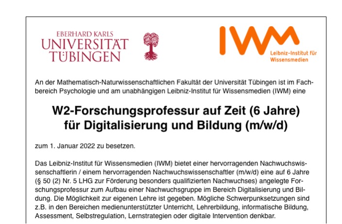 Forschen zur digitalen Bildung am #IWMtue.  Wir besetzen eine interessante Forschungsprofessur mit vielen Kooperationsmöglichkeiten . iwm-tuebingen.de/www/de/karrier…. Bei Fragen wenden Sie sich gerne an mich oder meine Kolleg*innen