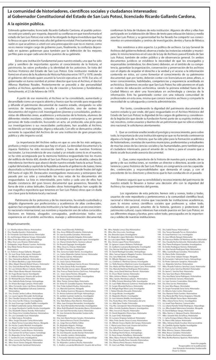 luisglozano's tweet photo. Oportuno y claro posicionamiento de Historiadores y Científicos Sociales dirigido a @RGC_Mx respecto del Archivo Histórico de SLP... 

Es importante escuchar a la ciudadanía así como respetar y fomentar la participación civil... eso es democracia... https://t.co/iCoXMI5OJW
