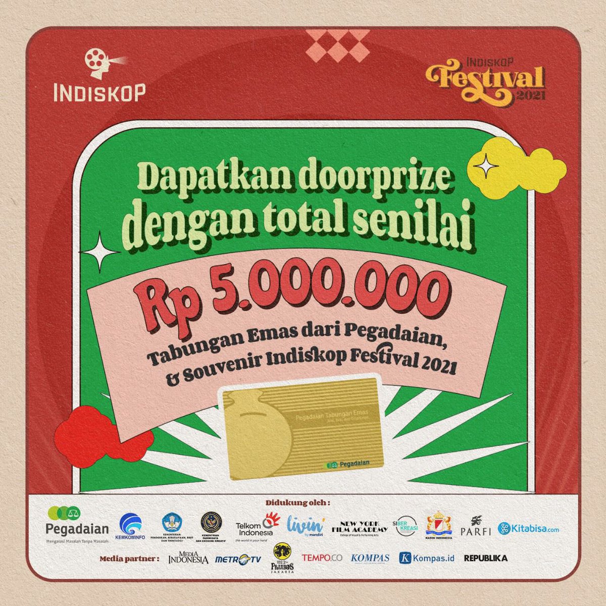 Indiskop_'s tweet photo. Ayo vote nominasi film jagoan kamu mulai besok sampai 17 Oktober. Film dengan vote tertinggi akan mendapatkan Rp 8.000.000 + tabungan emas Pegadaian. Lalu untuk yang voting, bisa mendapatkan Rp 5.000.000 + tabungan emas Pegadaian juga. Votenya bisa langsung ke website Indiskop ya https://t.co/QFNUlc0nZA