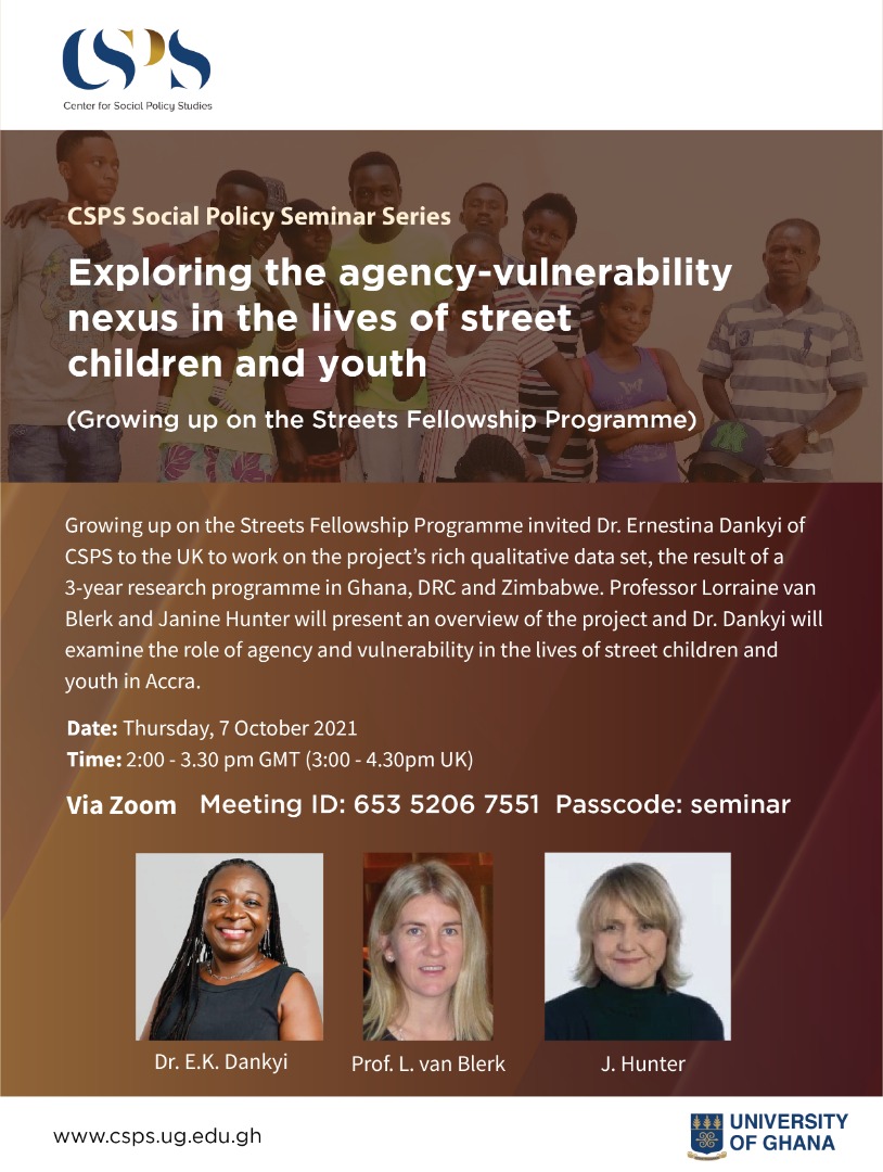 Janine Hunter (@janinehh258) on Twitter photo Delighted to share that 1st <a href="/GCRF/">Global Challenges Research Fund (GCRF)</a> #GUOTS Fellowship seminar hosted by <a href="/CSPS_UG/">Centre for Social Policy Studies</a> <a href="/UnivofGh/">University of Ghana</a> this Thurs 7 Oct on Zoom! International collaboration & opportunity to explore conceptualisations & experiences of young people's #agency in sits of #vulnerability on the street. Join us! Delighted to share that 1st <a href="/GCRF/">Global Challenges Research Fund (GCRF)</a> #GUOTS Fellowship seminar hosted by <a href="/CSPS_UG/">Centre for Social Policy Studies</a> <a href="/UnivofGh/">University of Ghana</a> this Thurs 7 Oct on Zoom! International collaboration & opportunity to explore conceptualisations & experiences of young people's #agency in sits of #vulnerability on the street. Join us!