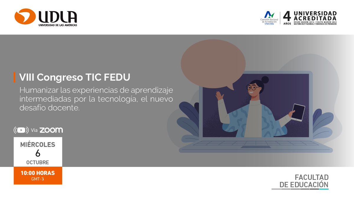 🔴 Los invitamos al #WebinarUDLA Congreso TIC 2021: "Humanizar las experiencias de aprendizaje intermediadas por la tecnología, el nuevo desafío docente"

🔹Inscripción➡️ bit.ly/3F8EJgi
  
#UDLA #UdlaChile #EducaciónUDLA #CongresoTIC #PedagogíaTIC #EducaciónTIC