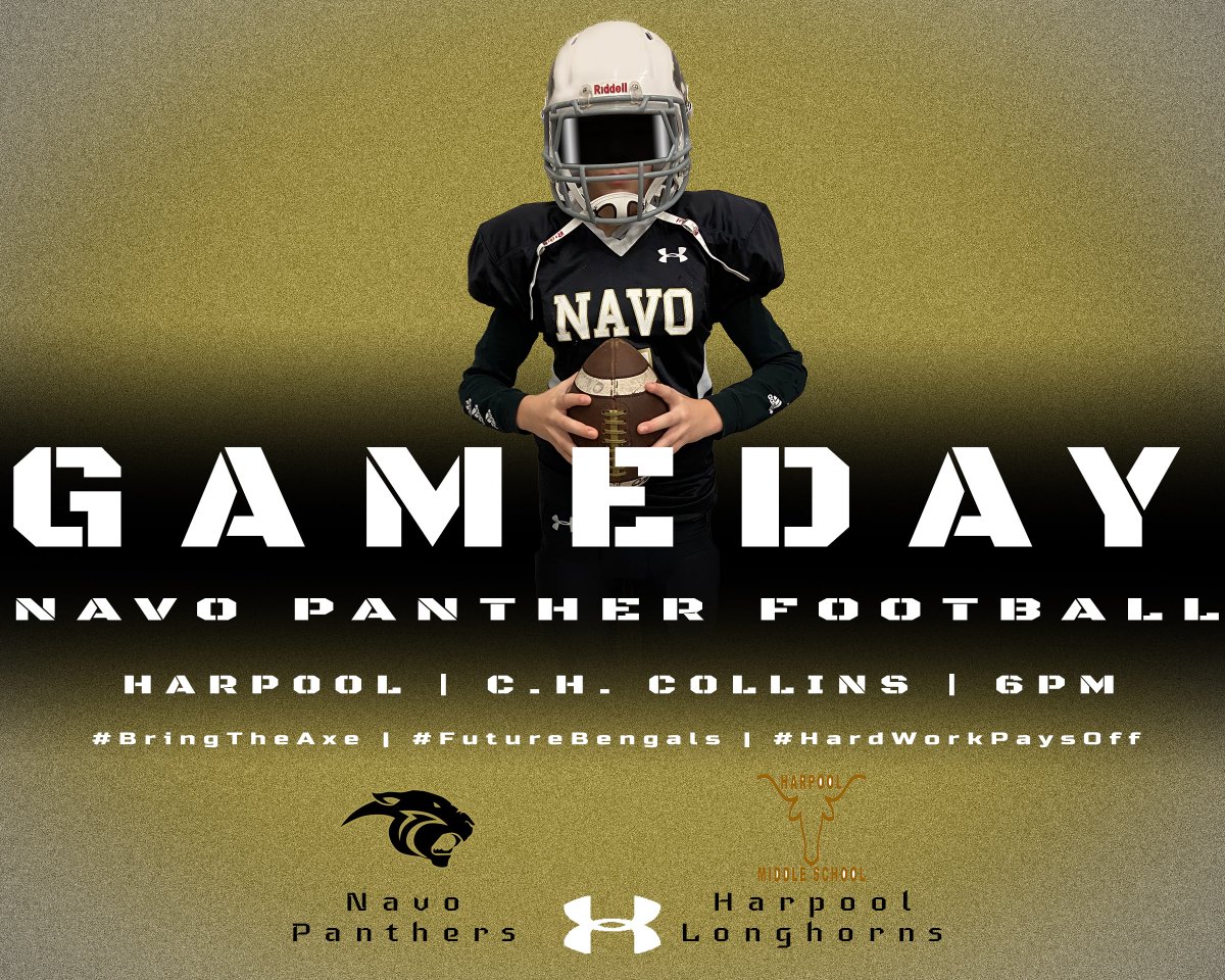 NavoAthletics's tweet photo. 7th Grade HOME GAMEDAY!!
๐ Harpool MS
โฐ B-Team starts at 6pm, A-Team 5 min. after
๐ C.H. Collins Athletic Complex
๐ https://t.co/IYas6yjbXF
@Navo_DISD @DentonISDSports
#BringTheAxe #FutureBengals https://t.co/MRAaTA3656