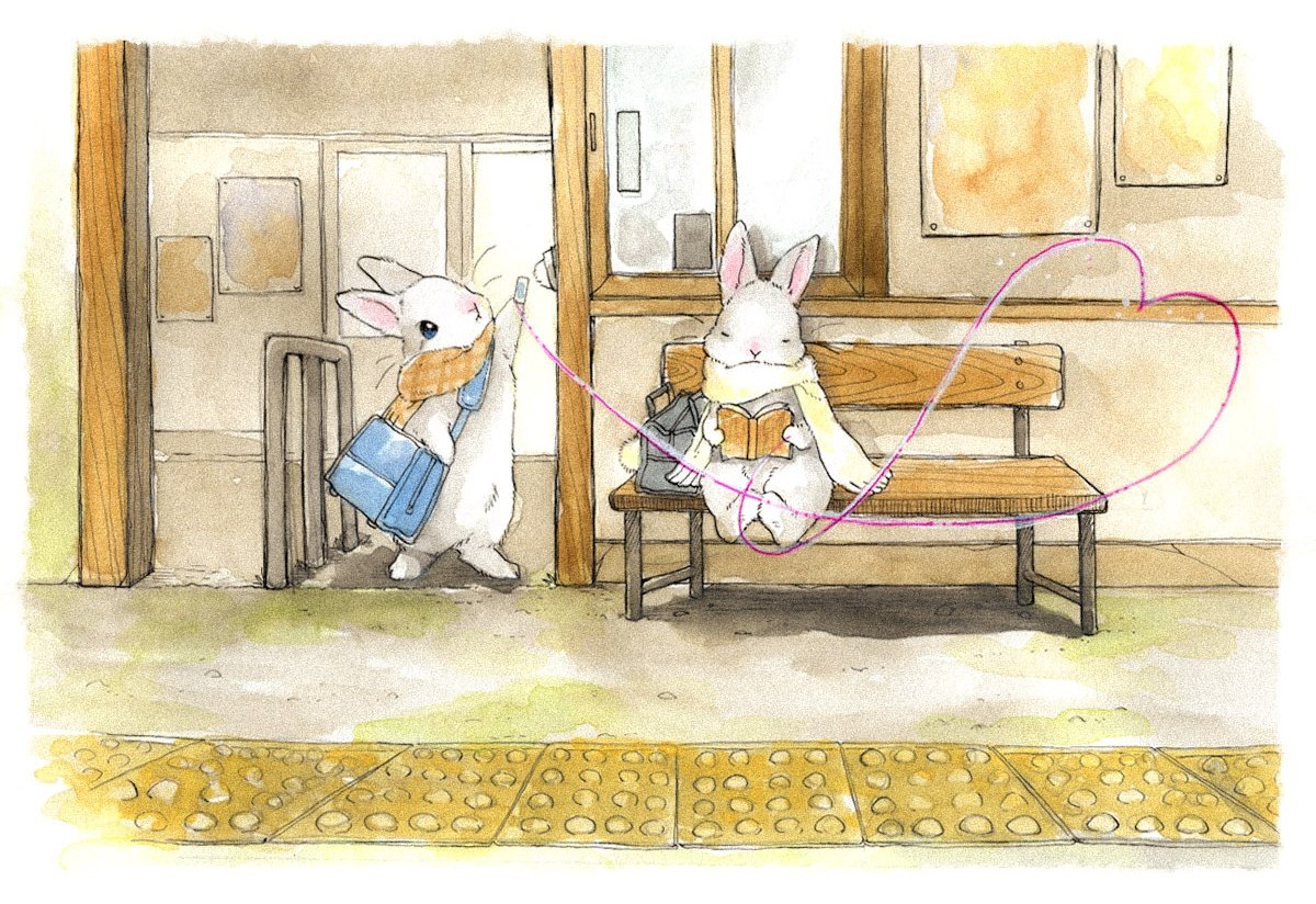 no humans scarf rabbit sitting bag bench watercolor (medium)  illustration images