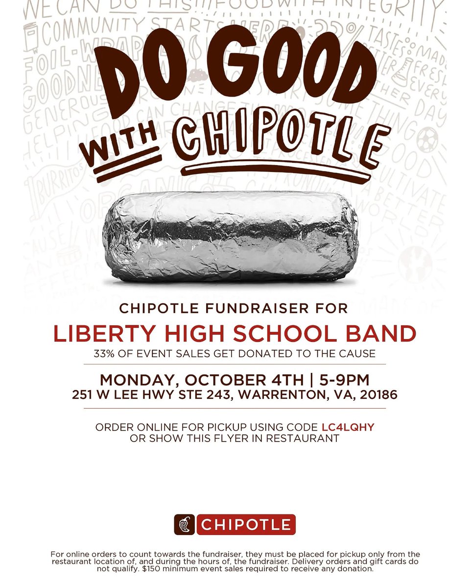 LHS Bealeton Bands (@lhseaglesbands) on Twitter photo Don't forget! TONIGHT we will be hosting a Chipotle Spirit Night Fundraiser from 5pm to 9pm in Warrenton. Just in time for national taco day! Show the flyer attached here at register, or use promo code LC4LQHY during online checkout. Spread the word! <a href="/LHSEAGLESVA/">Liberty High School</a> Don't forget! TONIGHT we will be hosting a Chipotle Spirit Night Fundraiser from 5pm to 9pm in Warrenton. Just in time for national taco day! Show the flyer attached here at register, or use promo code LC4LQHY during online checkout. Spread the word! <a href="/LHSEAGLESVA/">Liberty High School</a>